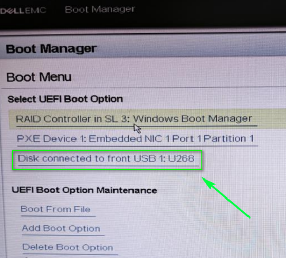 UEFI 启动选项中选择前面板 USB 上的 U 盘
