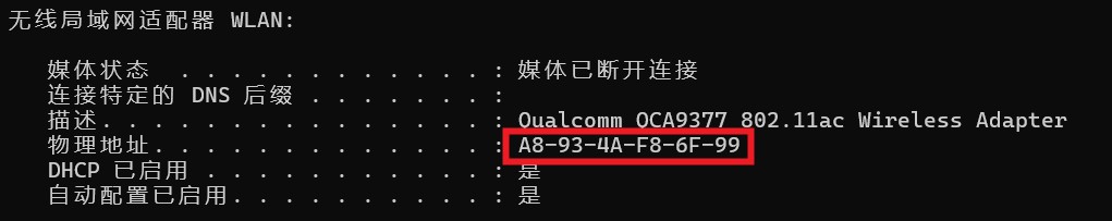 WLAN 无线网卡断开状态下的物理地址